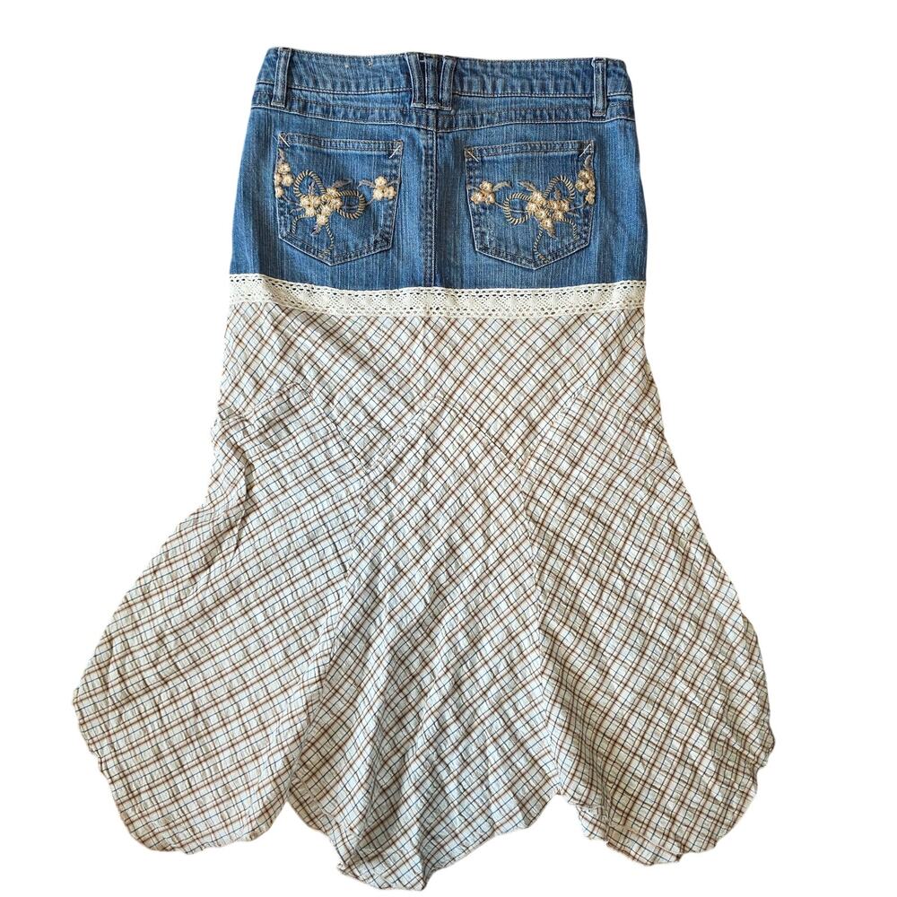 Vtg Y2K Candie's Denim Plaid Asymmetrical Lace Trim Handkerchief Midi Skirt - Picture 8 of 13